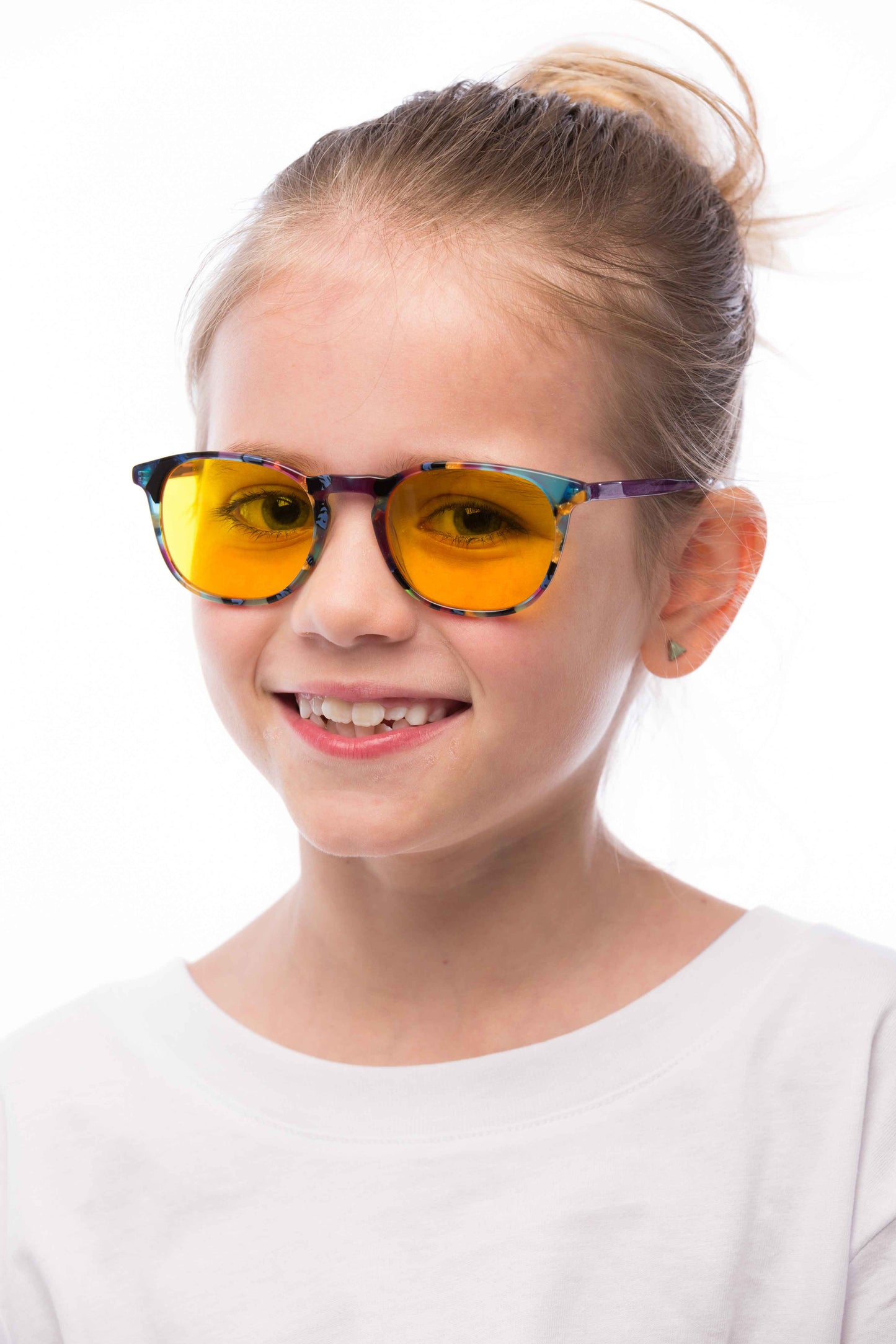 Girl Wearing Elsa Light Sensitivity Glasses Readers, angled view