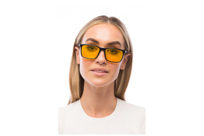 Woman Wearing Brooklyn Light Sensitivity Glasses Prescription