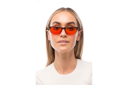 Woman Wearing Tortoise Shell Blue Light Blocking Glasses Readers